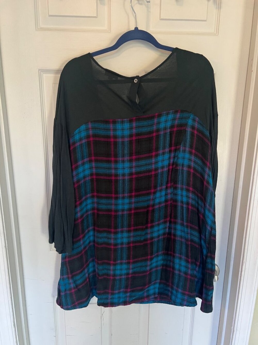 Avenue Plaid Tunic Top 26/28 Blue Green Knit Flannel Keyhole Lightweight Shirt - Picture 6 of 10
